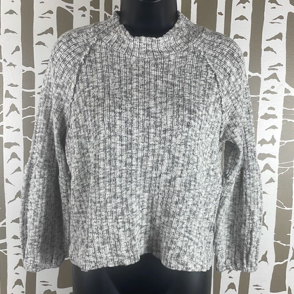 Ribbed Knit Cropped Loose Weave Mock Neck Sweater XS